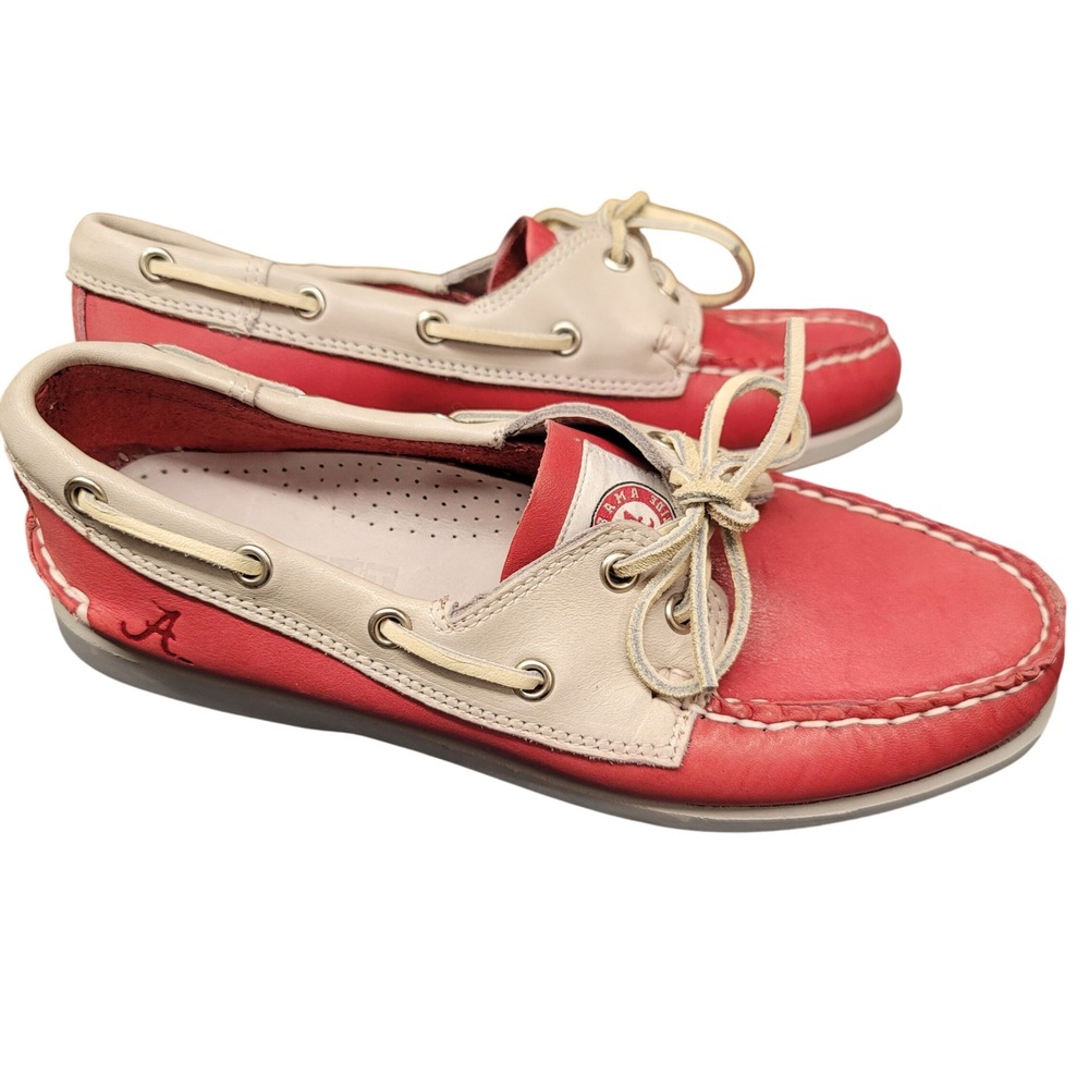 Alabama Crimson Tide Womens Red Cream Leather Boat Shoes Loafers Fan Gear Sz 8.5